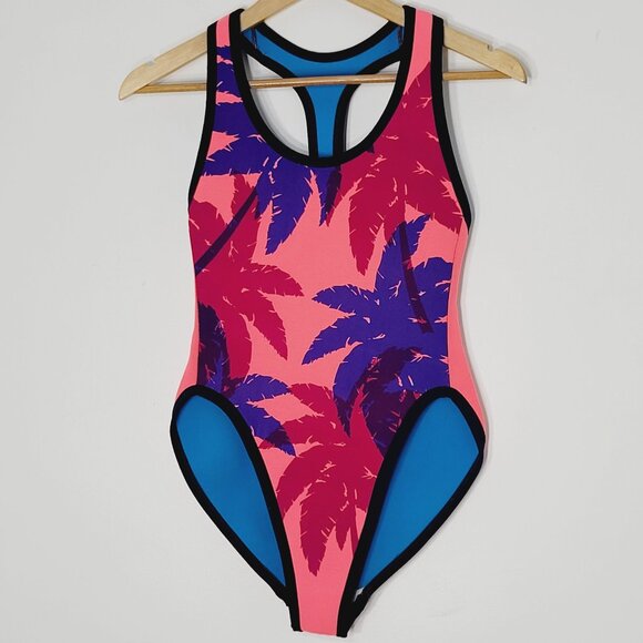 White Diving Other - Woman Pink & Blue Floral Print Racer Back Beach One Piece Swimsuits Bathing Suit